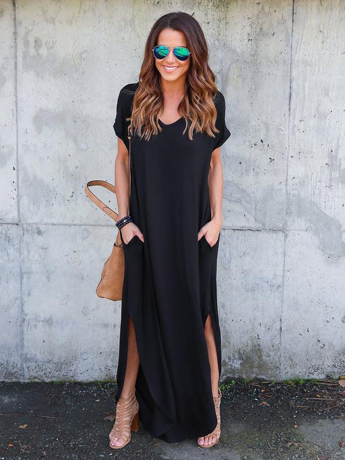 dressystar Dressystar Black Women Casual Loose Pocket Long Dress Split Maxi Dress
