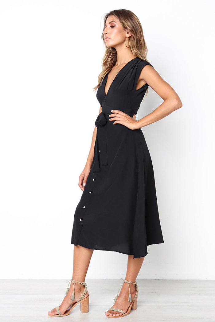 Dressystar Dressystar Black Women Work Casual Midi Dress With Belt