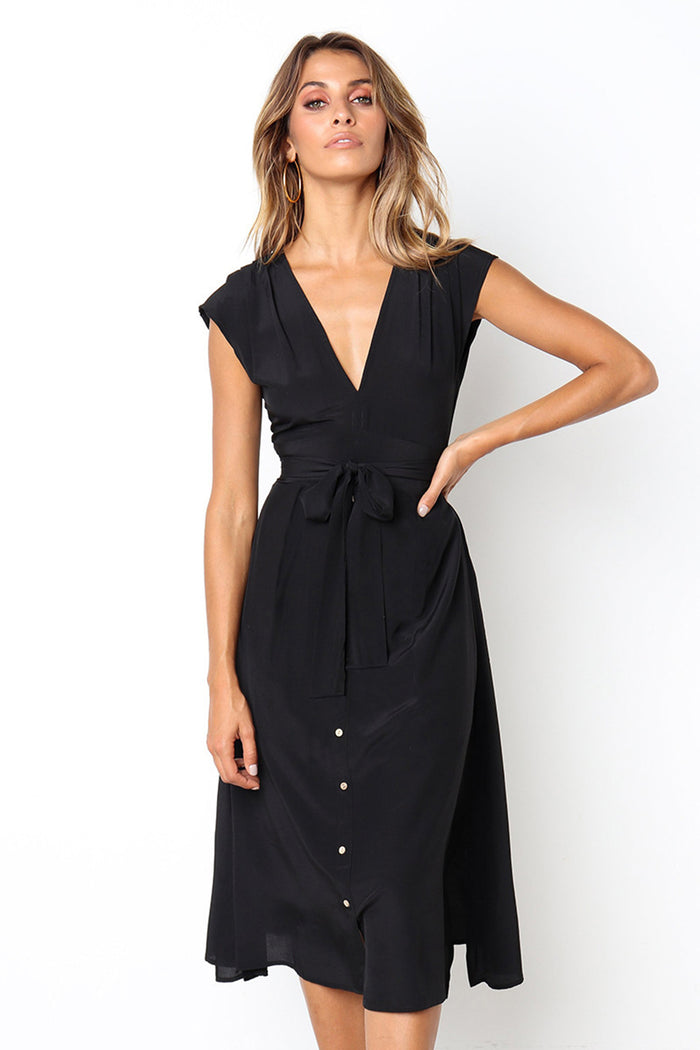 Dressystar Dressystar Black Women Work Casual Midi Dress With Belt