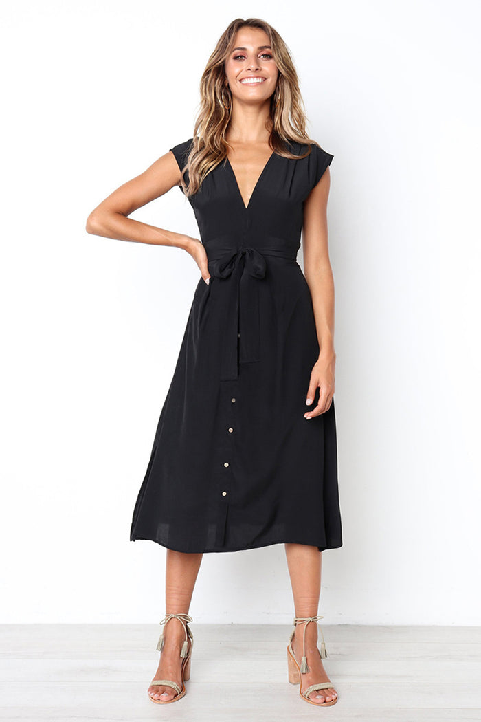 dressystar Dressystar Black Women Work Casual Midi Dress with Belt