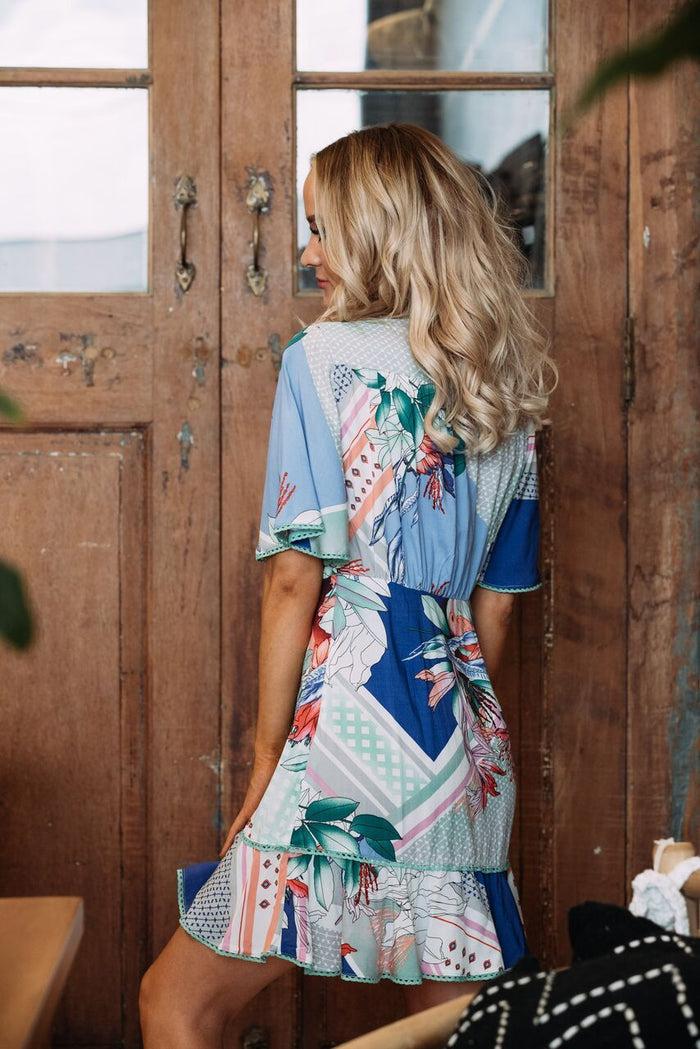 Dressystar Dressystar Blue V Neck Loose Floral Print Mini Dress