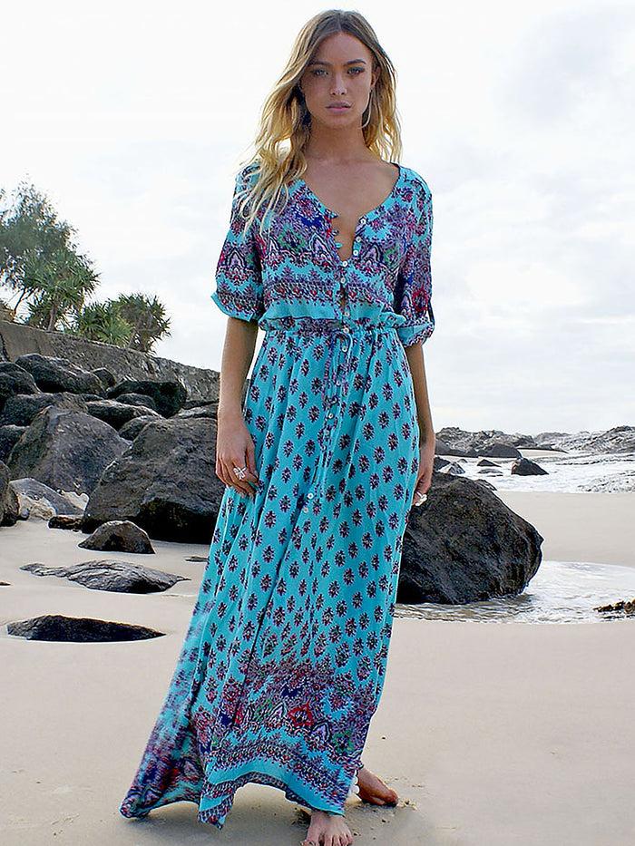 dressystar Dressystar Blue Women Bohemian Dress Summer Beach Floral Short Sleeve