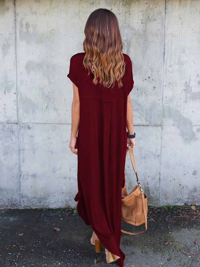 Dressystar Dressystar Burgundy Women Short Sleeve Maxi Dresses Casual Long With Pockets
