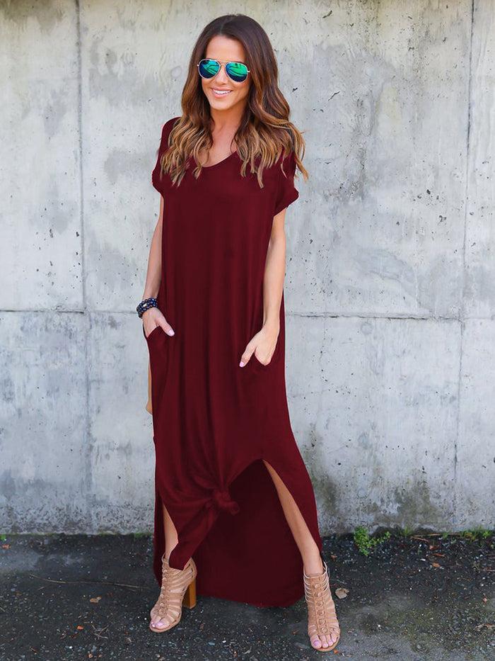 Dressystar Dressystar Burgundy Women Short Sleeve Maxi Dresses Casual Long With Pockets