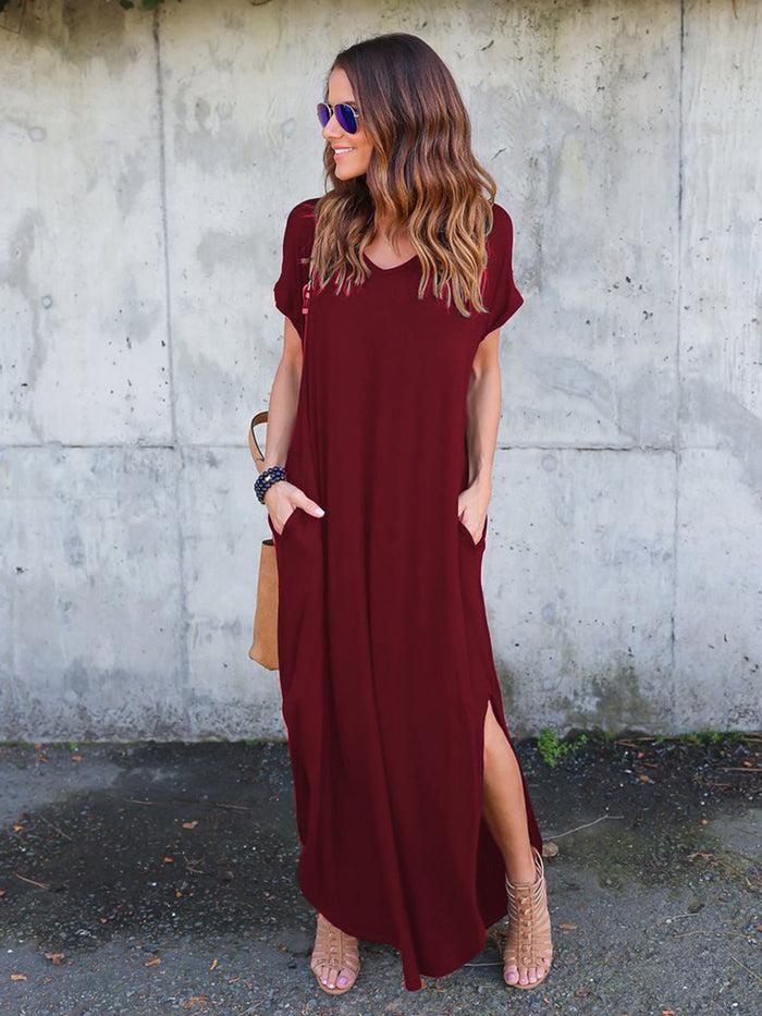 dressystar Dressystar Burgundy Women Short Sleeve Maxi Dresses Casual Long with Pockets