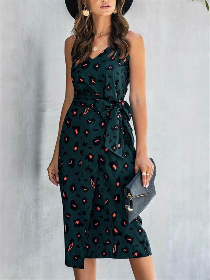 Dressystar Chic Style Green Print Wrap Midi Dress