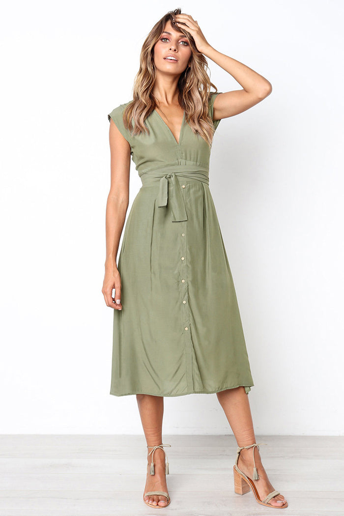 dressystar Dressystar Green Summer Casual Short Sleeve Swing Dress with Belt