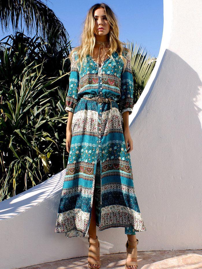 dressystar Dressystar Green Women Floral Print Loose Long Maxi Dress Summer Beach