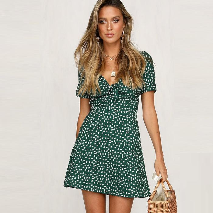 dressystar Dressystar Green Women Floral Print V Neck Casual Summer Swing Dress