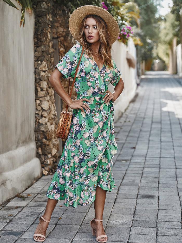 Dressystar Dressystar Green Women V Neck Floral Summer Casual Dress