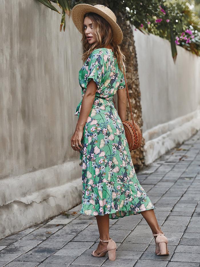 Dressystar Dressystar Green Women V Neck Floral Summer Casual Dress