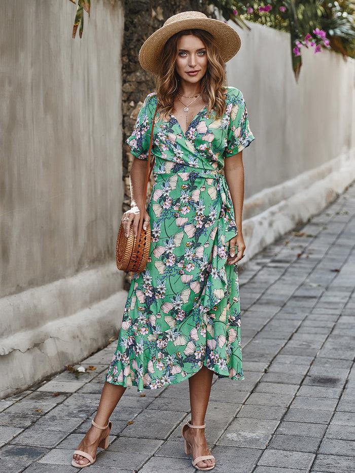 Dressystar Dressystar Green Women V Neck Floral Summer Casual Dress
