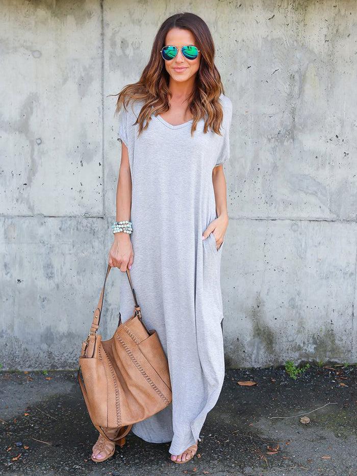 Dressystar Dressystar Grey Women Casual Loose Pocket Long Dress Short Sleeve
