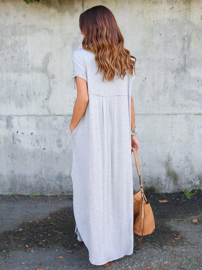Dressystar Dressystar Grey Women Casual Loose Pocket Long Dress Short Sleeve
