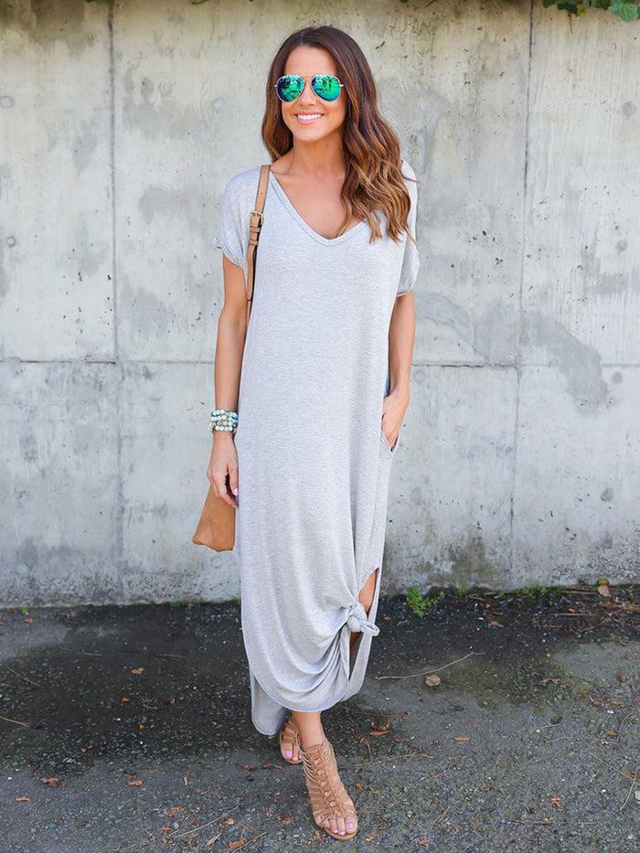 dressystar Dressystar Grey Women Casual Loose Pocket Long Dress Short Sleeve