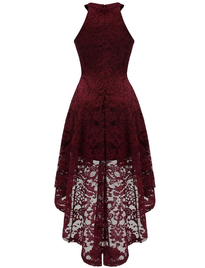 Dressystar Dressystar Halter Floral Lace Cocktail Dress Hi-Lo Dress Burgundy