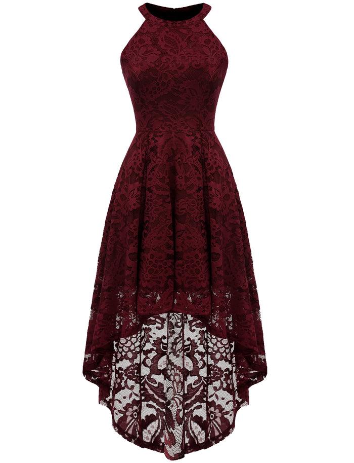 dressystar Dressystar Halter Floral Lace Cocktail Dress Hi-Lo Dress Burgundy