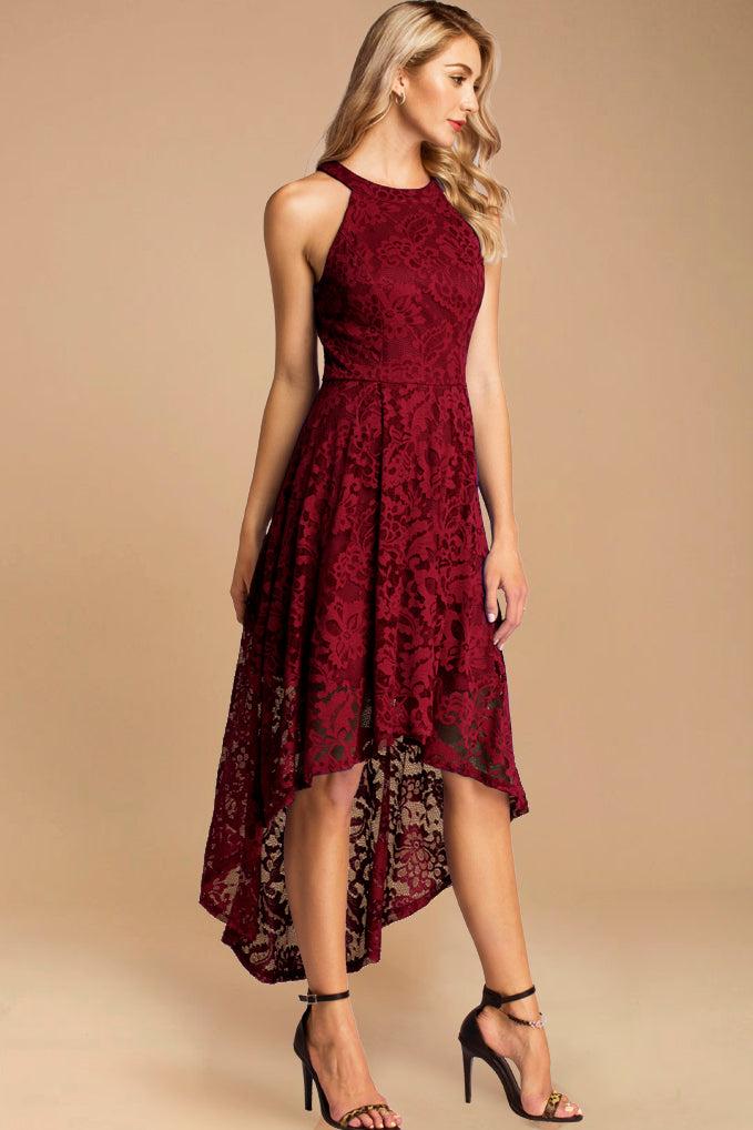 Dressystar Halter Floral Lace Hi-Lo Dress Dark Red
