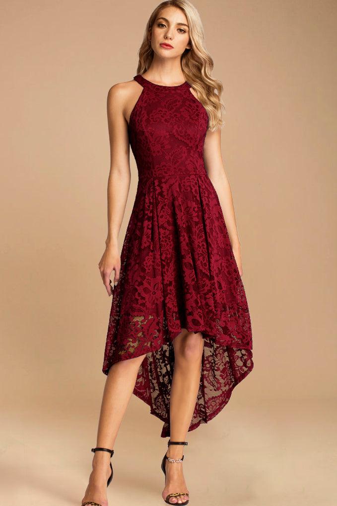 Dressystar Halter Floral Lace Hi-Lo Dress Dark Red