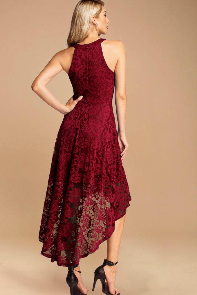 Dressystar Halter Floral Lace Hi-Lo Dress Dark Red