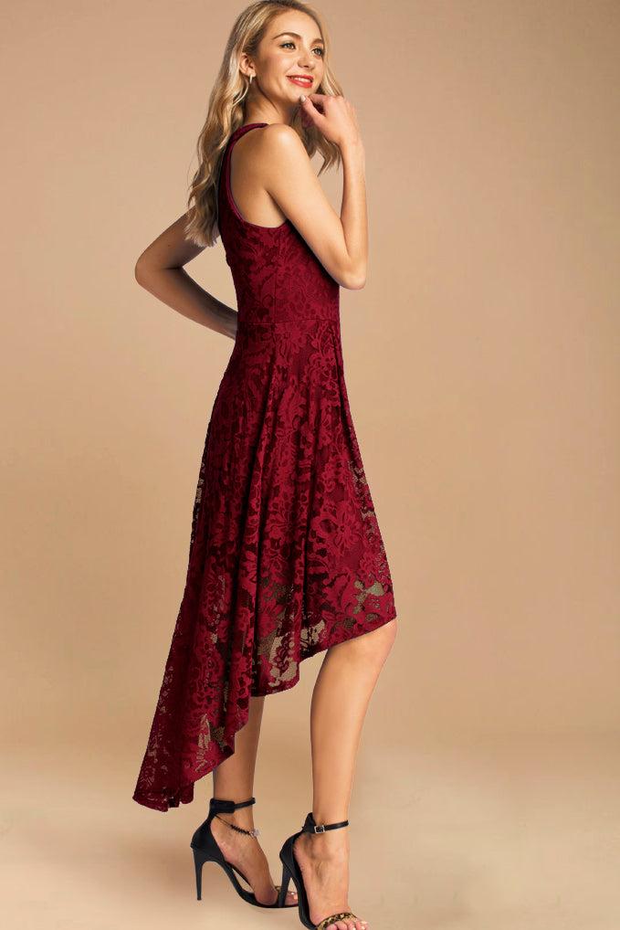 dressystar Halter Floral Lace Hi-Lo Dress Dark Red