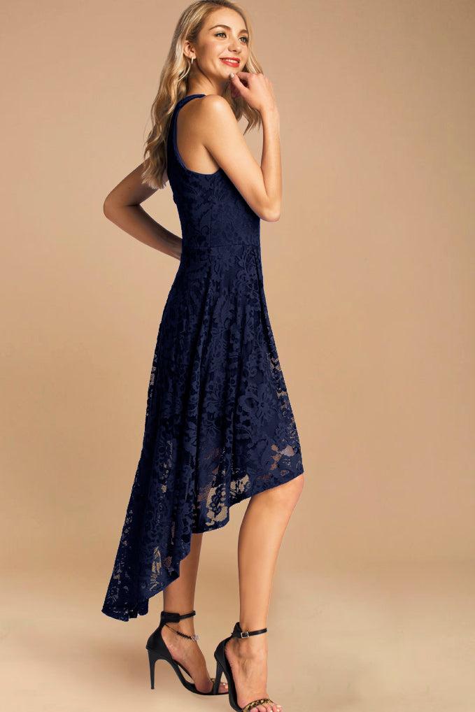 Dressystar Halter Floral Lace Hi-Lo Dress Navy
