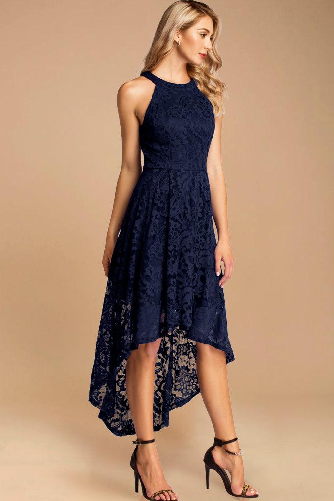 Dressystar Halter Floral Lace Hi-Lo Dress Navy