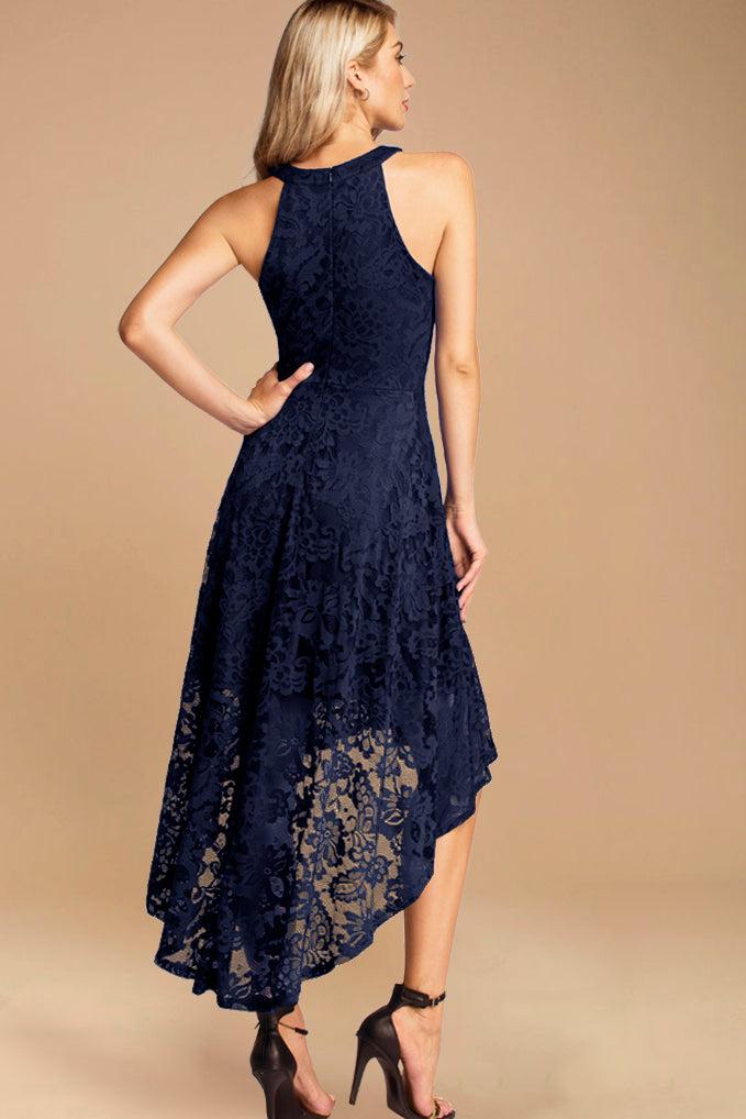 Dressystar Halter Floral Lace Hi-Lo Dress Navy