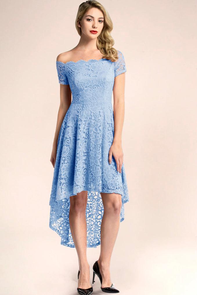 Dressystar Off Shoulder High Low Lace Dress Blue