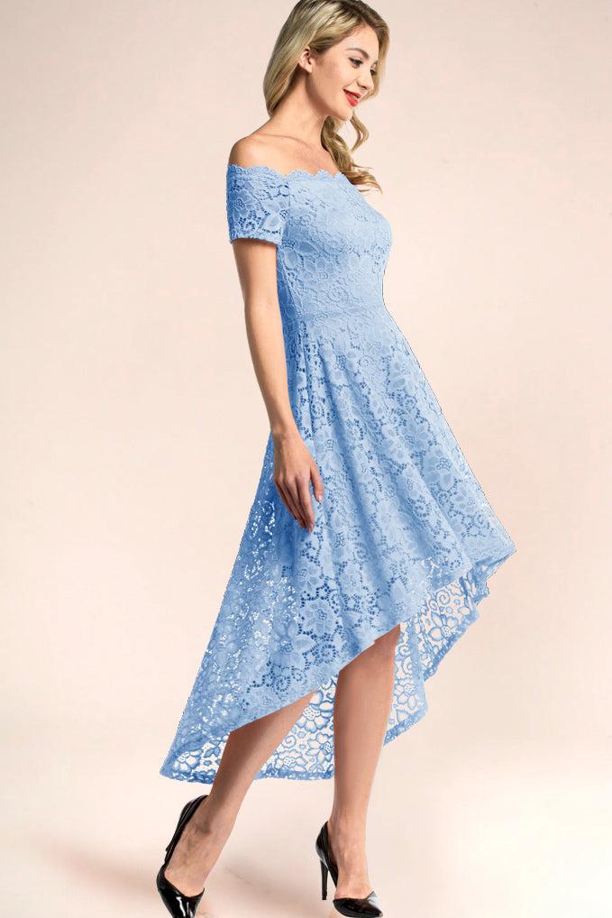 Dressystar Off Shoulder High Low Lace Dress Blue