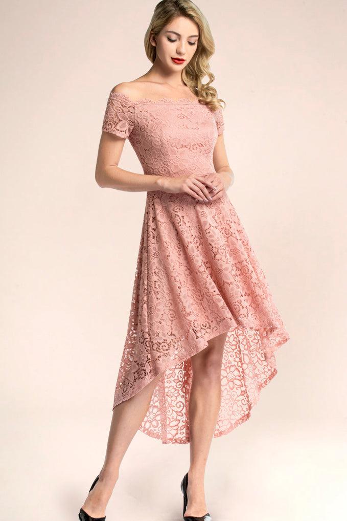 Dressystar Off Shoulder High Low Lace Dress Blush