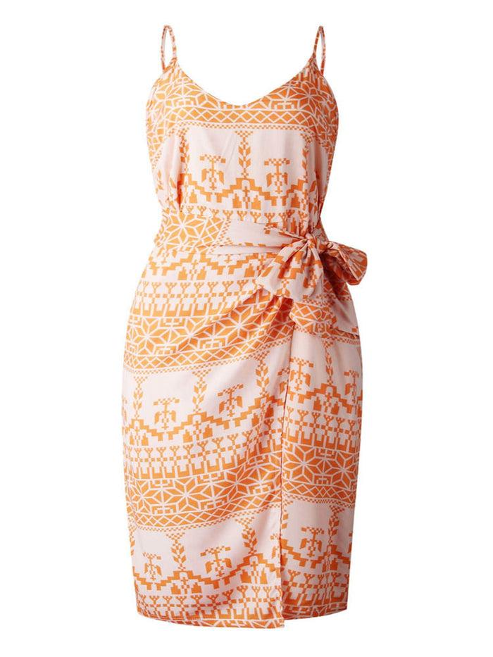 Dressystar Orange Summer Print Wrap Midi Dress