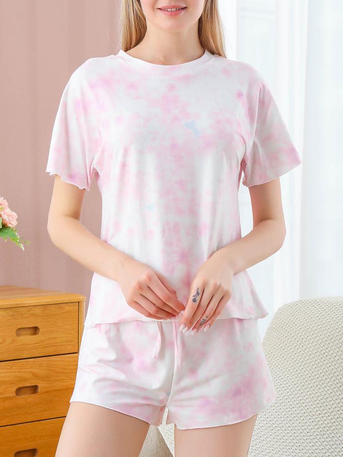 Dressystar Dressystar Pink Womens Tie Dye Print Pajama Sets Short Sleeve Loungewear Sleepwear