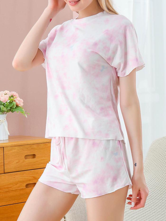 Dressystar Dressystar Pink Womens Tie Dye Print Pajama Sets Short Sleeve Loungewear Sleepwear