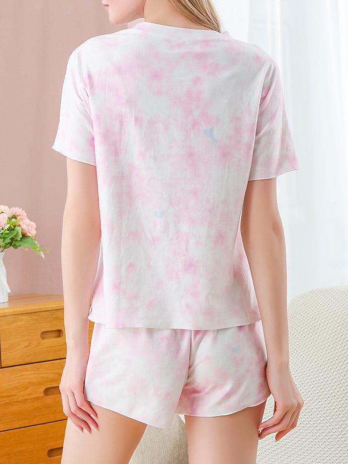 Dressystar Dressystar Pink Womens Tie Dye Print Pajama Sets Short Sleeve Loungewear Sleepwear