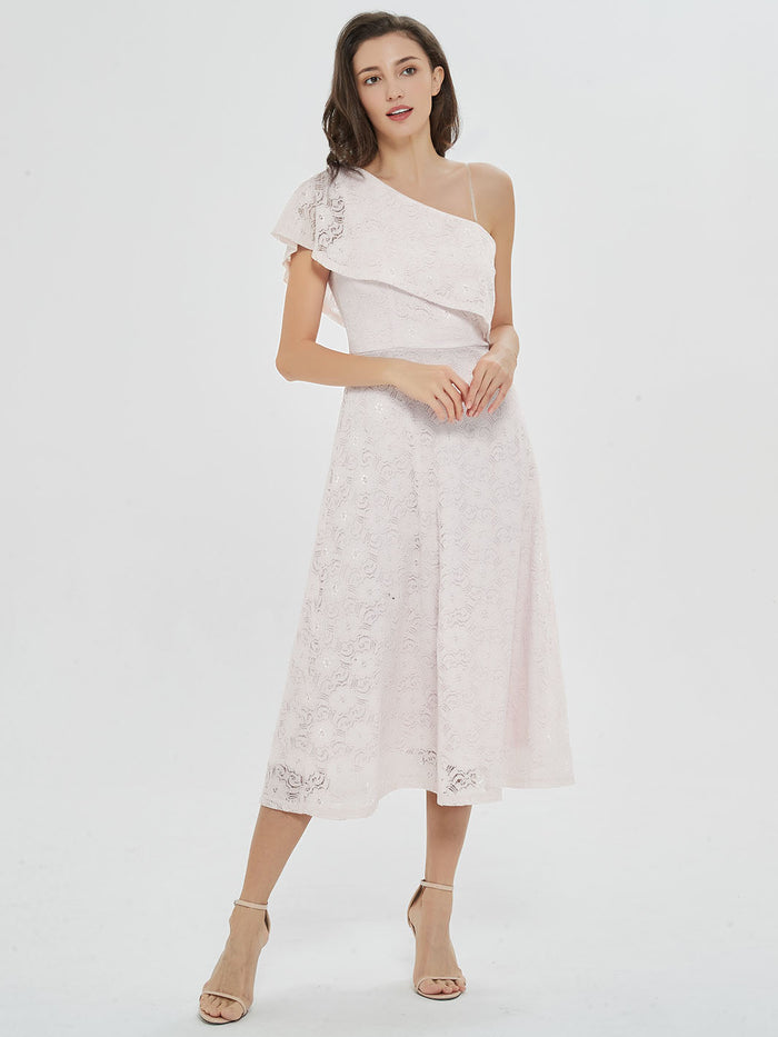 Dressystar White Ruffled One-Shoulder Midi Dress