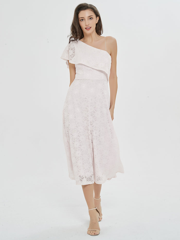 Dressystar White Ruffled One-Shoulder Midi Dress