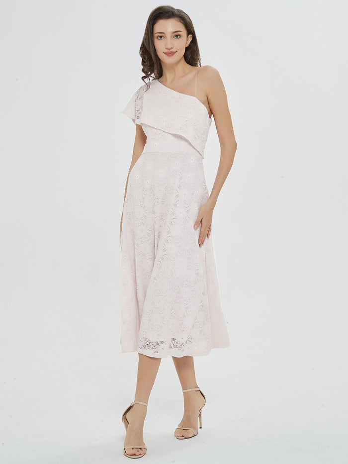 Dressystar White Ruffled One-Shoulder Midi Dress