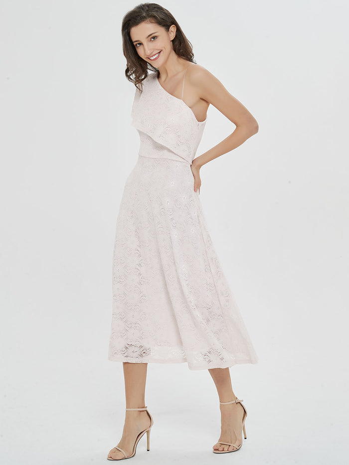 dressystar White Ruffled One-Shoulder Midi Dress