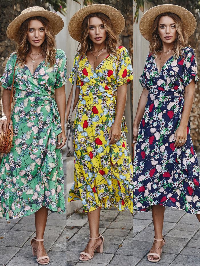 Dressystar Dressystar Women Bohemian Floral Print V Neck Beach Party Dress