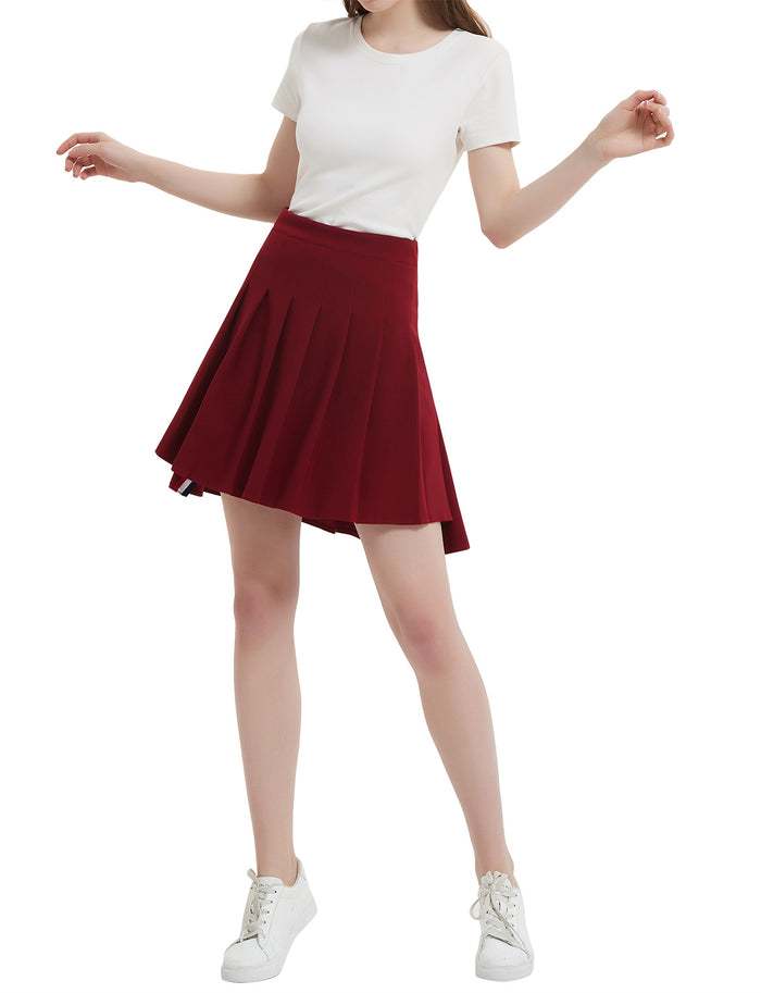 Dressystar Dressystar Women Mini Pleated Skirt High Low Basic Flared A Line Skirt Burgundy