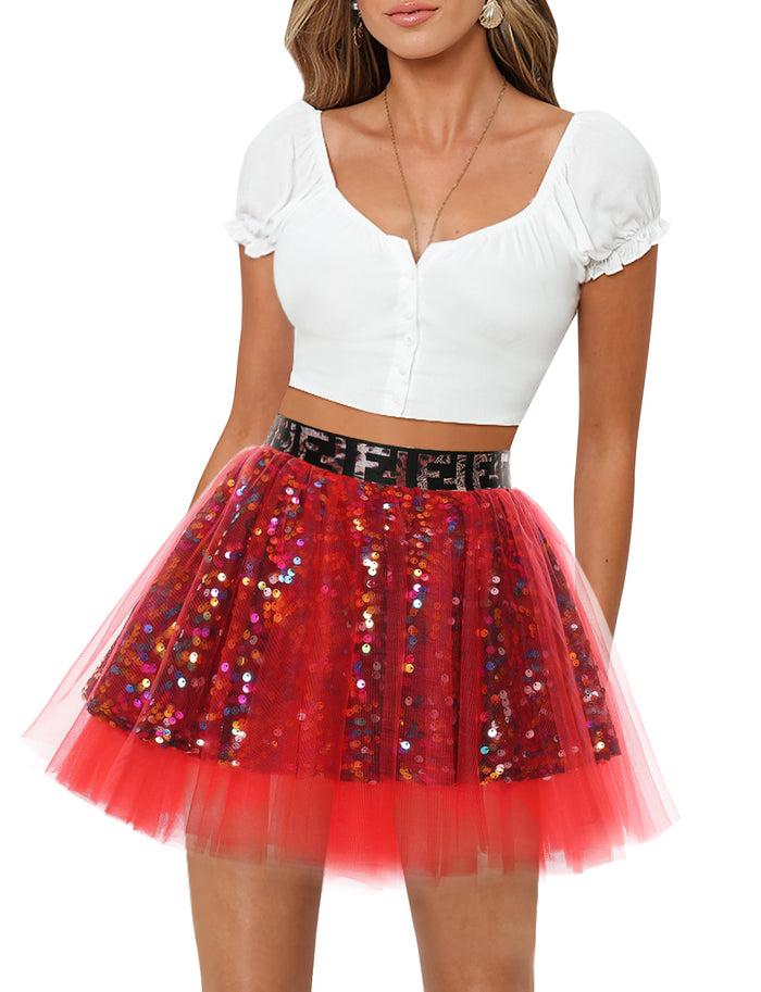 Dressystar Dressystar Women Tutu Mini Sequins Skirts Tulle Petticoat Party Skirt Red