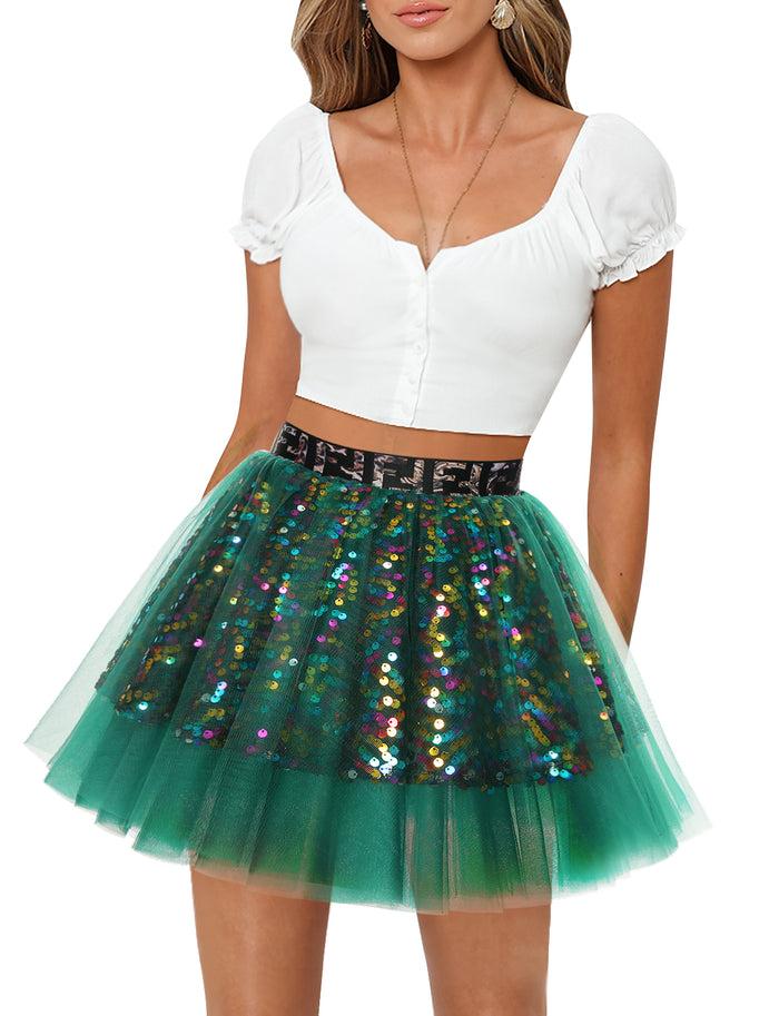Dressystar Dressystar Women Tutu Mini Sequins Skirts Tulle Petticoat Party Skirt Green