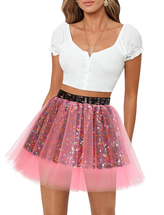 Dressystar Dressystar Women Tutu Mini Sequins Skirts Tulle Petticoat Party Skirt Coral
