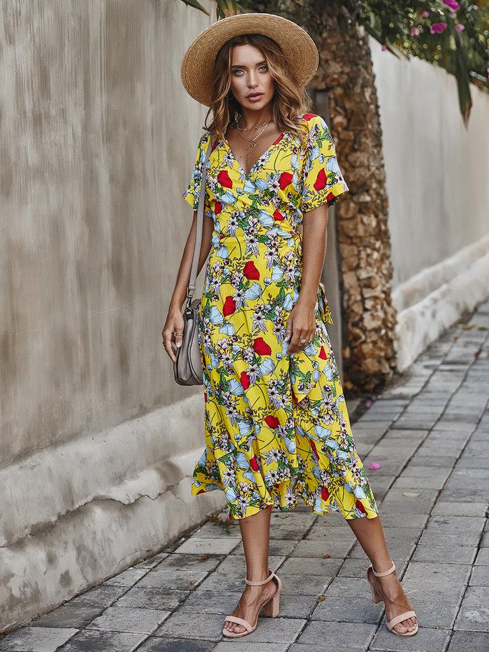 Dressystar Dressystar Yellow Women Floral Maxi Dresses Boho Beach Party Dress