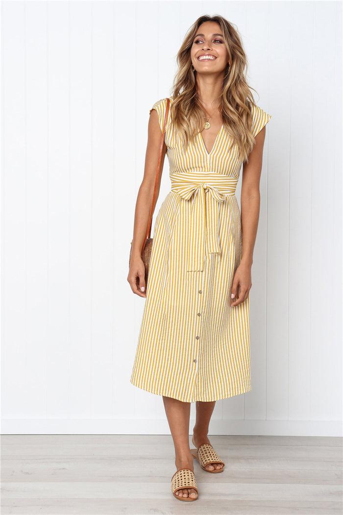Dressystar Dressystar Yellow Women Striped Casual Short Sleeve Summer Dress With Belt