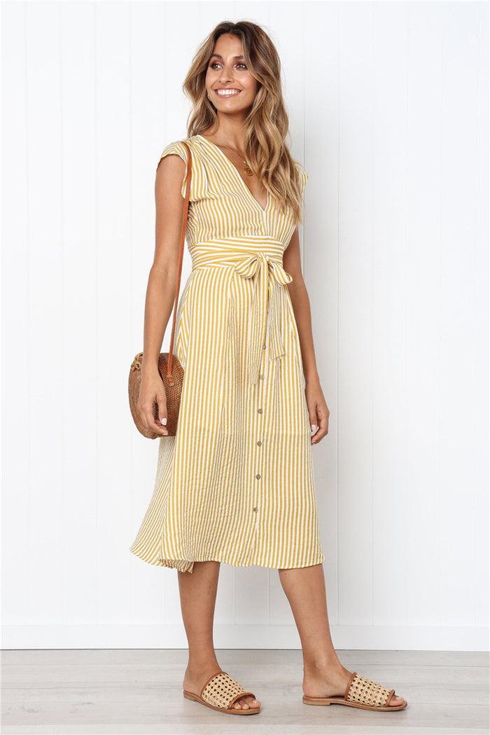 Dressystar Dressystar Yellow Women Striped Casual Short Sleeve Summer Dress With Belt