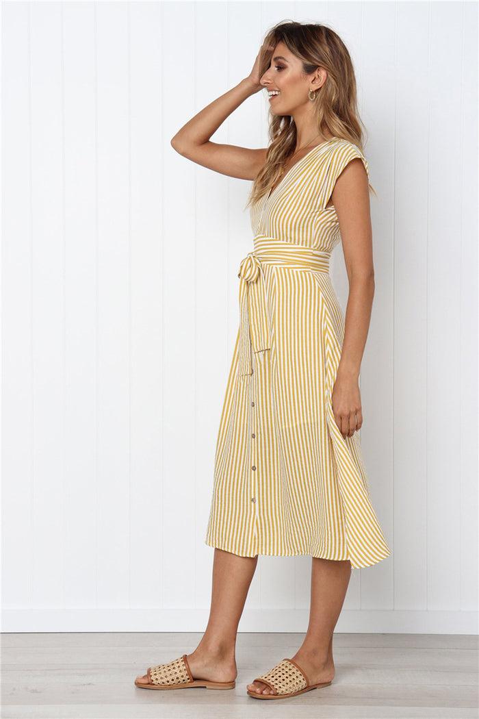 Dressystar Dressystar Yellow Women Striped Casual Short Sleeve Summer Dress With Belt