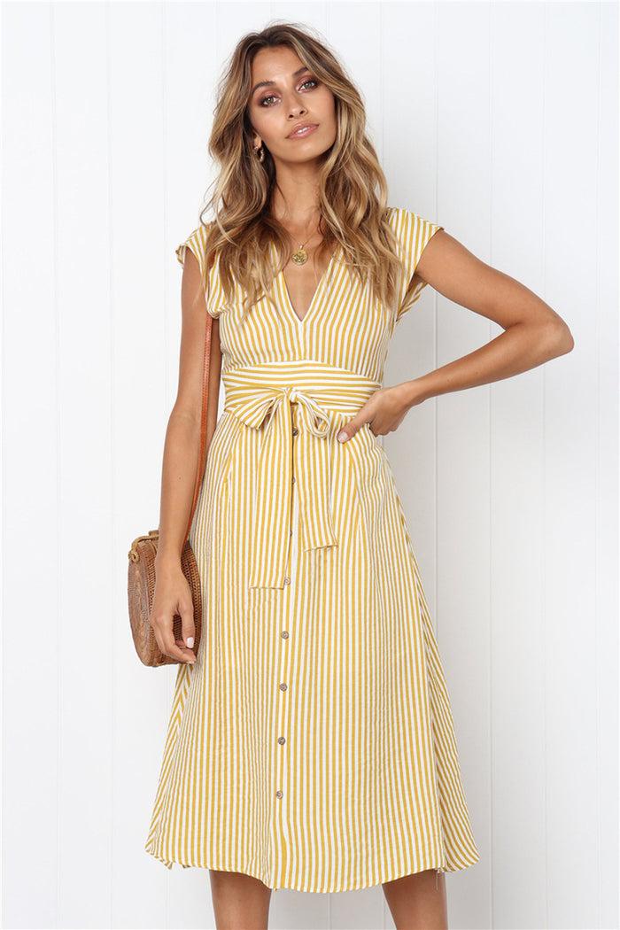 dressystar Dressystar Yellow Women Striped Casual Short Sleeve Summer Dress with Belt