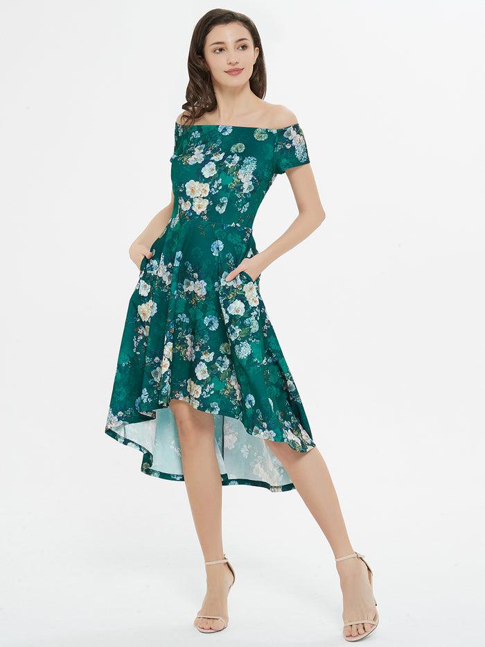Dressystar Floral Dressed Up Green Floral Print High-Low Dress